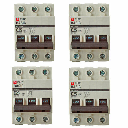 Автоматический выключатель EKF ВА 47-29 (mcb4729-3-25C) 3P 25А тип C 4,5 кА 400 В на DIN-рейку (4 шт.) автоматический выключатель ekf mcb4729 1 10 b 1p 10а тип в 4 5 ка 230 в на din рейку