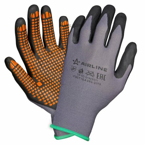 AIRLINE ADWG101 Перчатки перчатки нейлоновые с нитриловым покрытием ладони м сер черн оранж airline арт adwg101