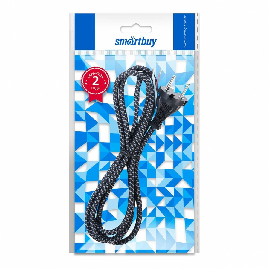 фото SmartBuy Сетевой шнур в тканевой оплетке без земли для утюга черный 1,8 метра 6А/1,2кВт SBE-06-P10-w
