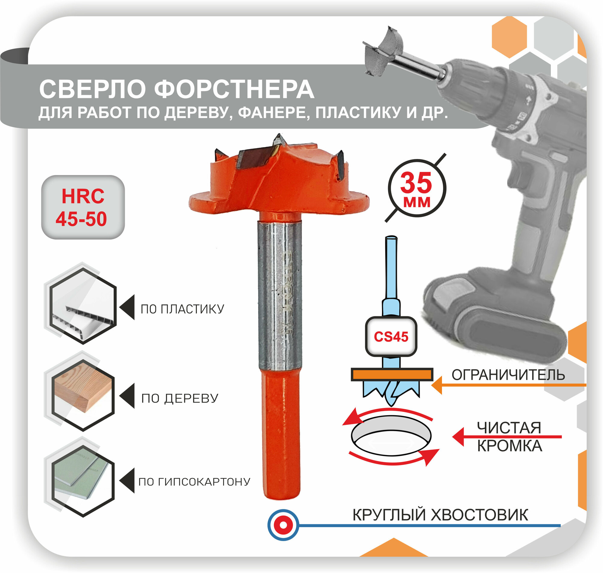 Сверло Форстнера с ограничителем Фреза самоцентрирующаяся пила для отверсти по дереву фанере пластику 35мм 1шт