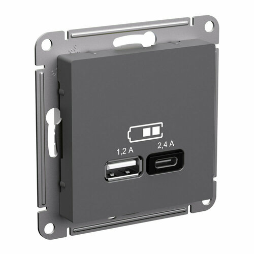 Розетка usb для зарядки Schneider Electric Atlas Design, с разъёмами тип А + тип С, на винтах, базальт