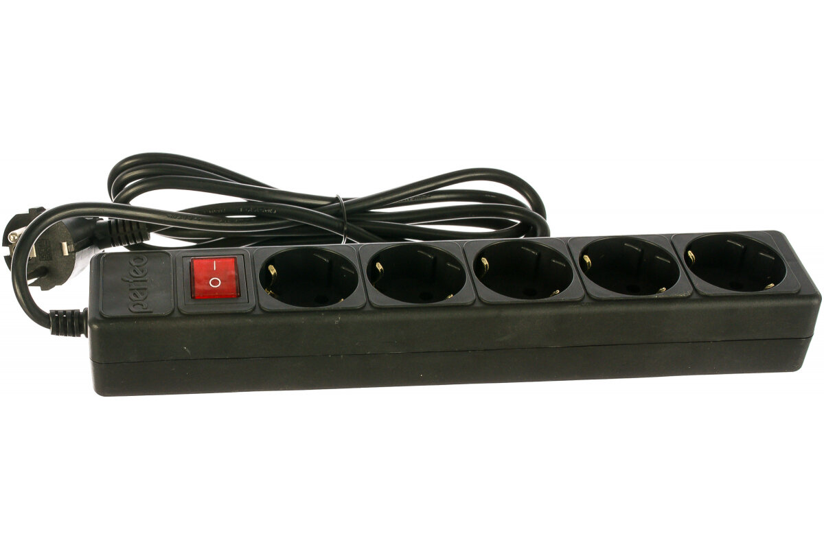 фото Сетевой фильтр Сетевой фильтр с заземлением и кнопкой Perfeo Power+, 3 м, 5 розеток (черный)