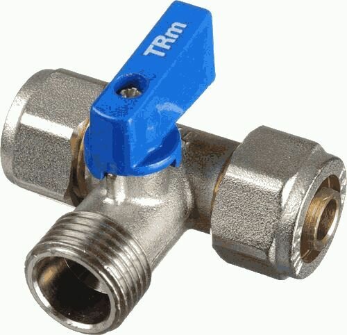 фото Трехходовой шаровой Кран под металлопластиковую трубу 16х3/4"х16 цанга-штуцер-цанга, Terma 30230