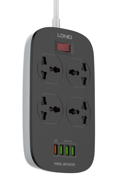 LDNIO SC4407Q/ Сетевой фильтр 2м/ 4 розетки EU_UK_US/ 2500W/ 4 USB+QC 3.0/ Выкл. на розетки/ Black