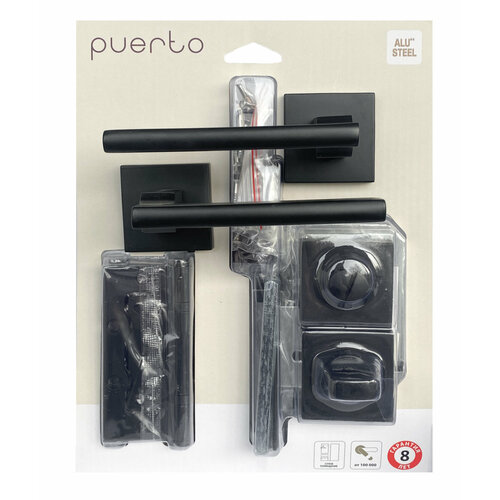 Комплект дверной фурнитуры PUERTO (ручка, защелка с/у, петли безВР), черный, комплект фурнитуры из алюминия для сантехнической кабины