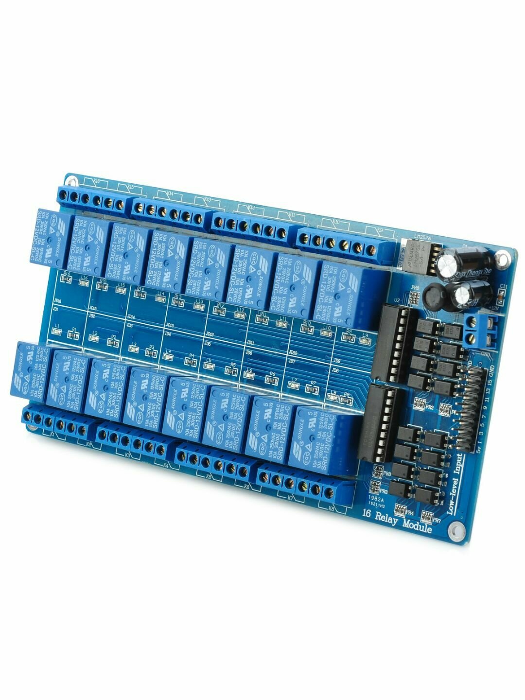 фото Модуль реле 16-канальный DC 5V 10А для Ардуино АС250В, AVR, PIC, PLC, DSP, MSP430, TTL (Ф)