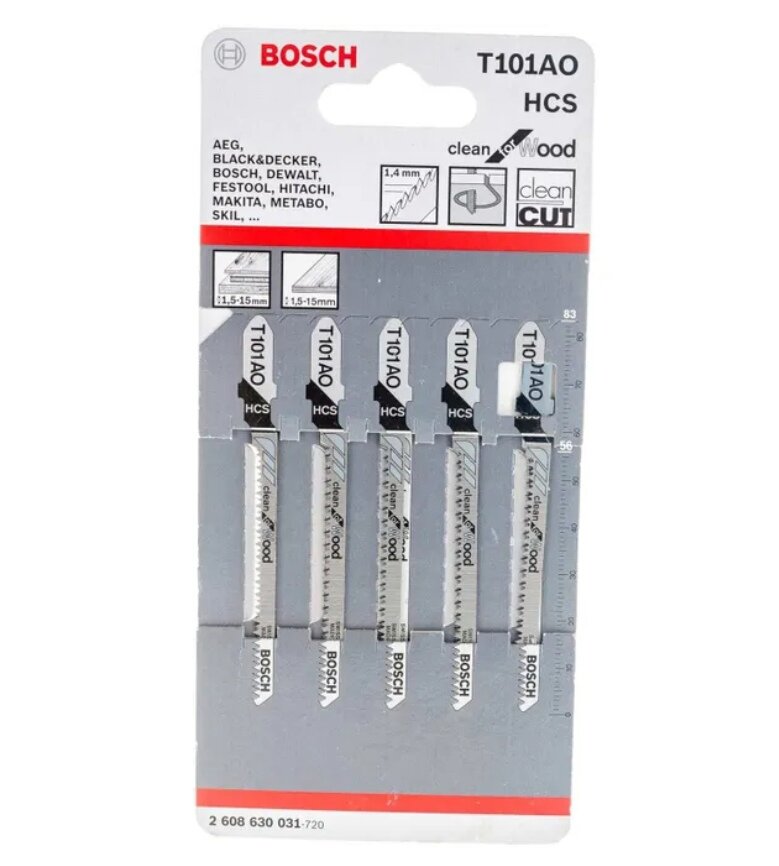 Пилки для лобзика Bosch T 101AO /БОШ CLEAN for Wood/ 2608630031 пилка для лобзика по дереву чистый криволинейный пропил, упаковка 5 шт