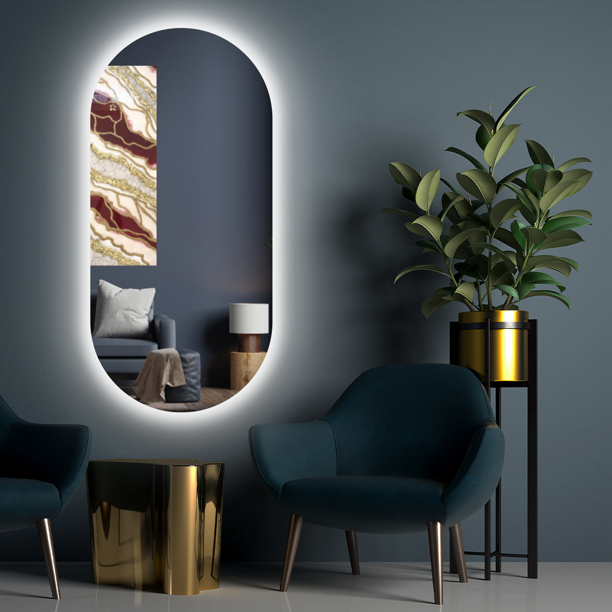 Зеркало овальное для ванной Elen, нейтральная подсветка 4500К, диммер, часы, 70x35 см - фотография № 7