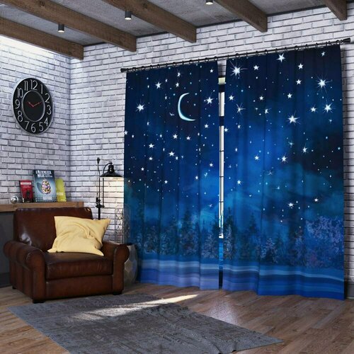 Изображение товара Шторы блэкаут на ленте Ш150xВ235 см. 2шт. в гостиную спальню детскую комплект "Ночное небо" звезды фотошторы