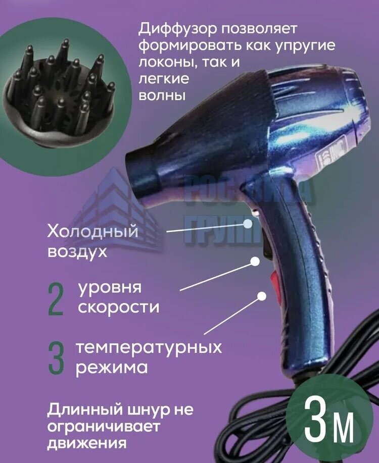 фото Профессиональный салонный Фен для волос/уход за волосами/для укладки и сушки волос/насадка концентратор, диффузор/с функцией ионизации/домашний/синий