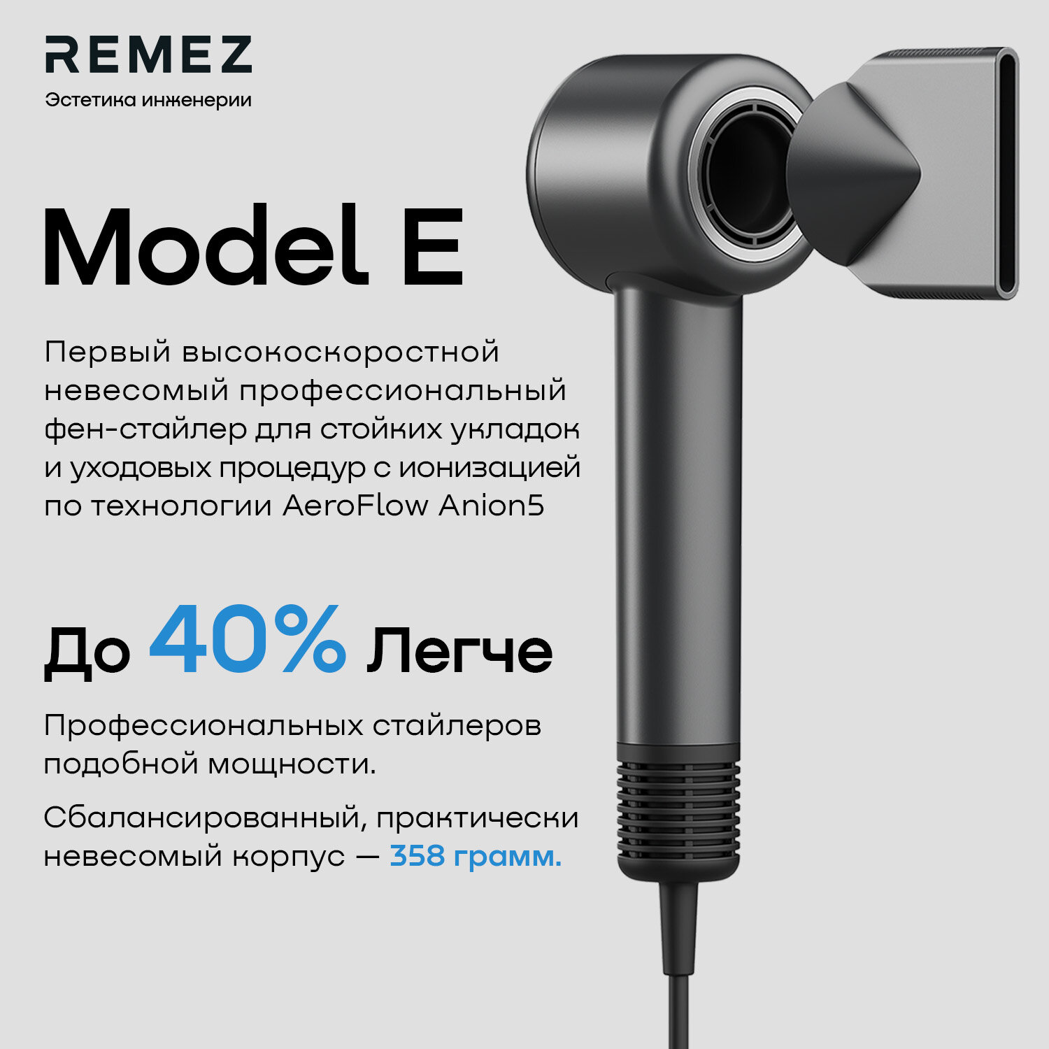 Профессиональный фен-стайлер с насадками REMEZ Model E RMB-701 - фотография № 2