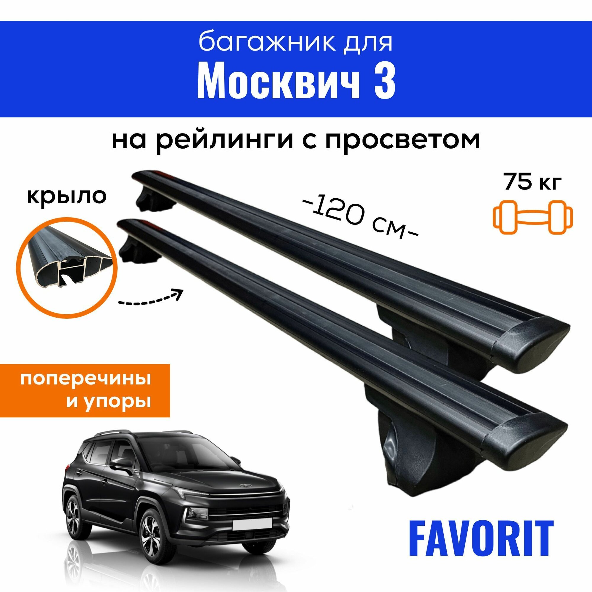 Багажник для Moskvich 3 (Москвич-3), Favorit-120 20х30, на рейлинги с просветом, (поперечины и упоры)