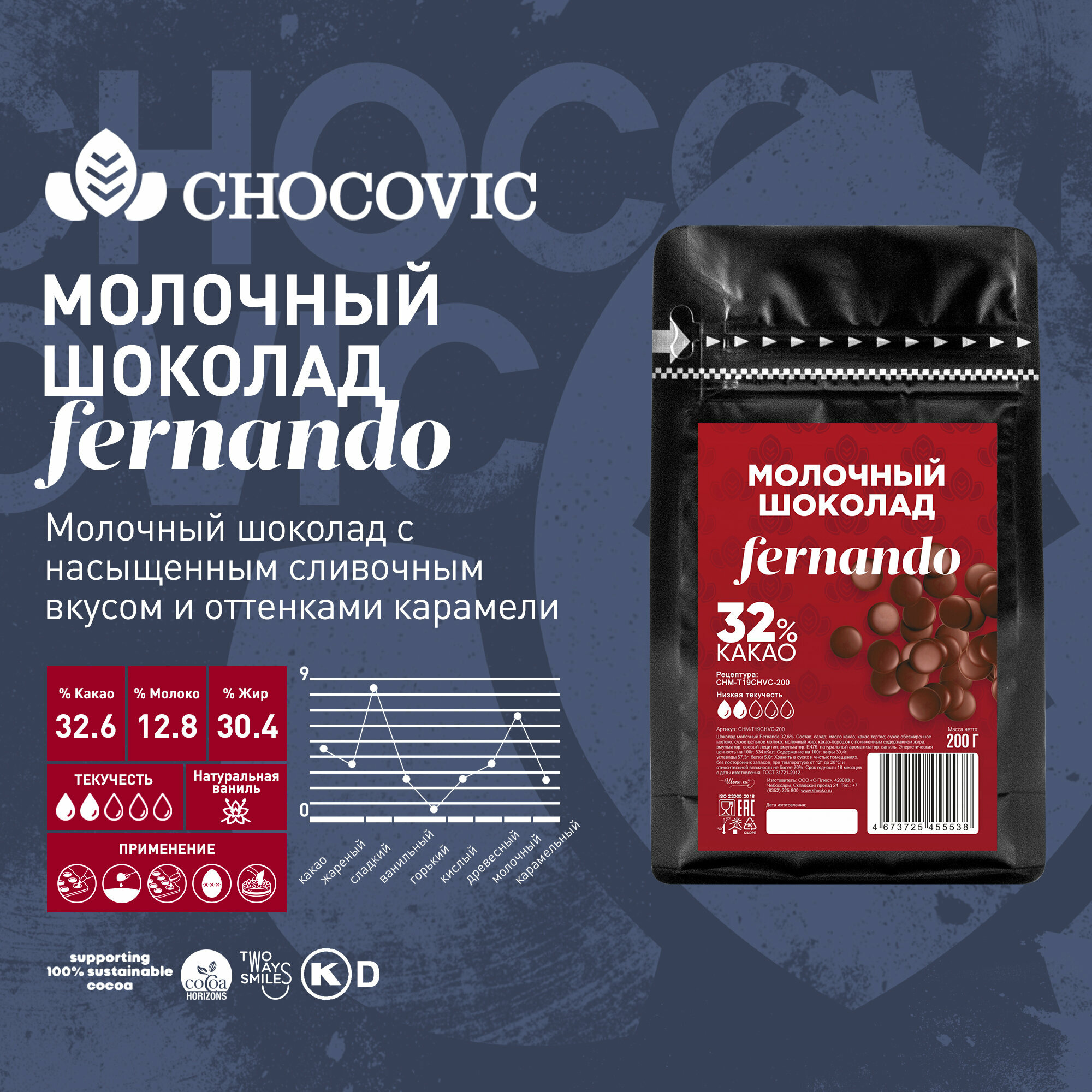 Шоколад молочный кондитерский Chocovic Fernando 32,6%, 0,2 кг
