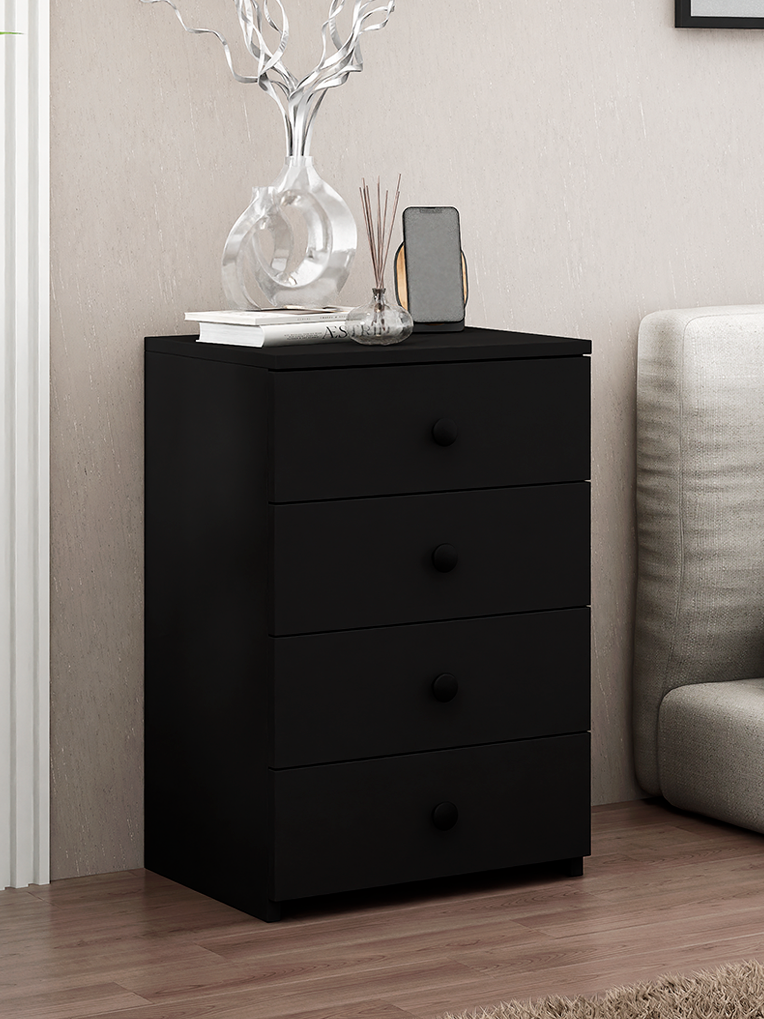 Тумба Vitto-79 чёрный с 4 ящиками, прикроватная, для прихожей, под стол, в коридор, в спальню, офисная