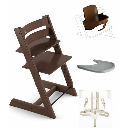 Стульчик для кормления 4 в 1 Stokke Tripp Trapp Walnut Brown с сидением Baby Set и столиком Storm Grey/ ремни безопасности