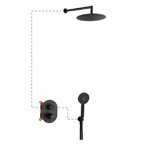 Душевой комплект AQG Tube 19TUBER20805 на 2 потребителя с круглым верхним душем 25 см и кронштейном 35 см, черный матовый