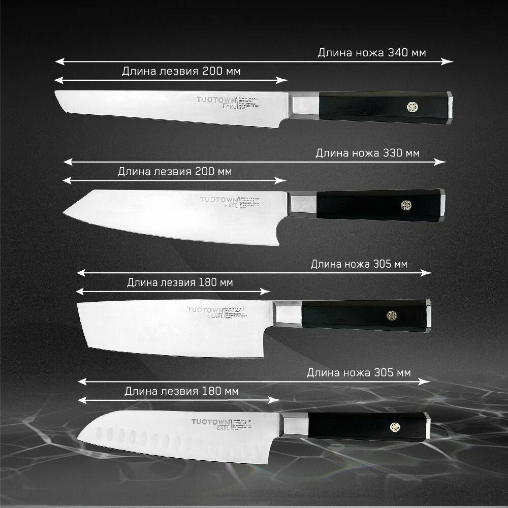 Набор кухонных ножей Earl от Тутаун TUOTOWN. Набор из 4 ножей: Шеф-нож 20 см, Слайсер 20 см, Топорик 18 см, Сантоку 18 см.