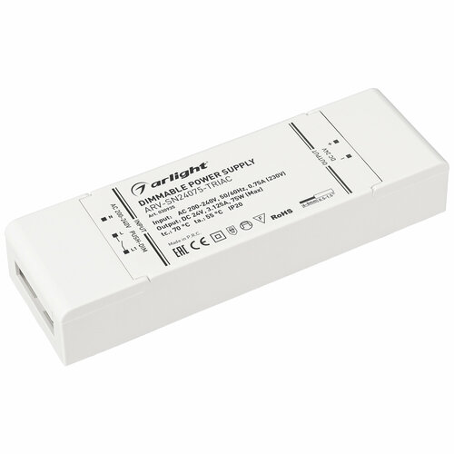 Блок питания ARV-SN24075-TRIAC (24V, 3.125A, 75W) (Arlight, IP20 Пластик, 3 года) Артикул 030935