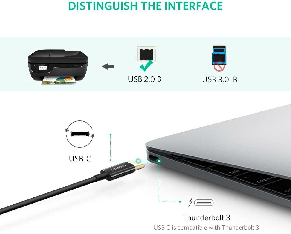 Кабель UGREEN 50446_ USB-C/USB-B 2.0, для подключения ноутбука, ПК к сканеру, принтеру, серверу, факсу, жесткому диску, фотоаппарату, 2м, black - фото №7