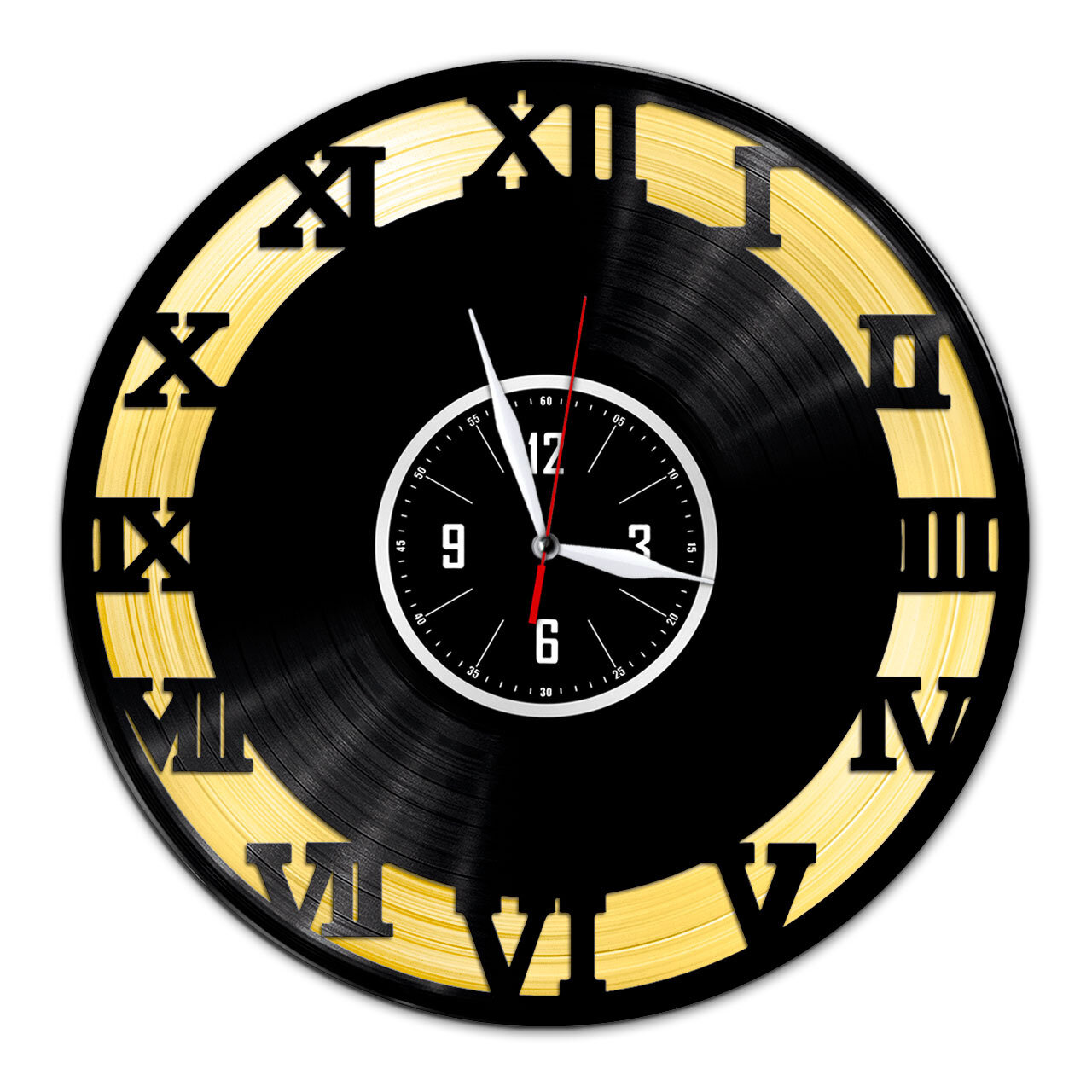 Римские цифры - настенные часы из виниловой пластинки (с золотой подложкой)