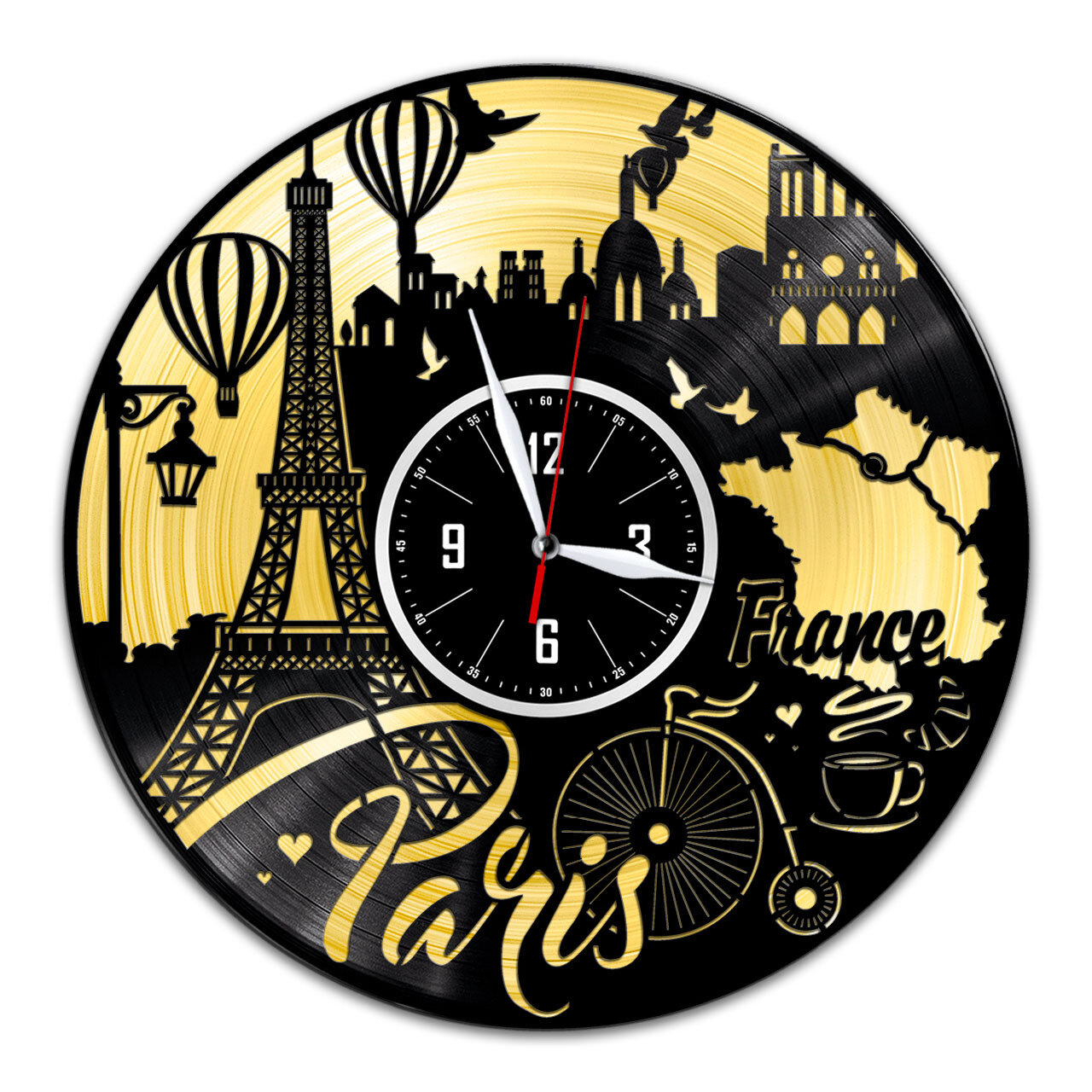 Париж - настенные часы из виниловой пластинки (с золотой подложкой)