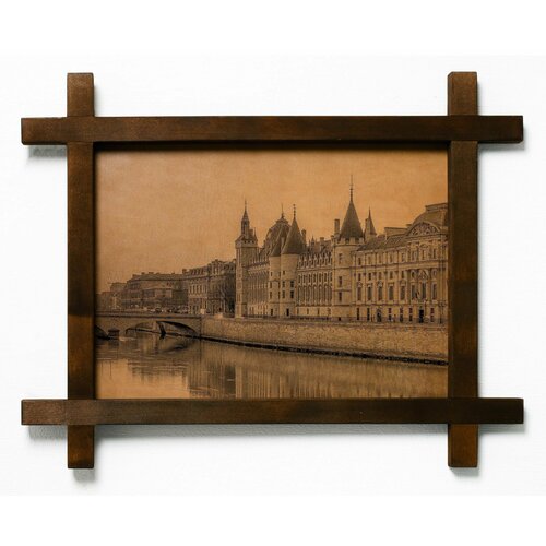 Картина Дворец Консьержери, Франция, гравировка на натуральной коже, интерьерная для украшения и декора на стену в деревянной раме, подарок, BoomGift