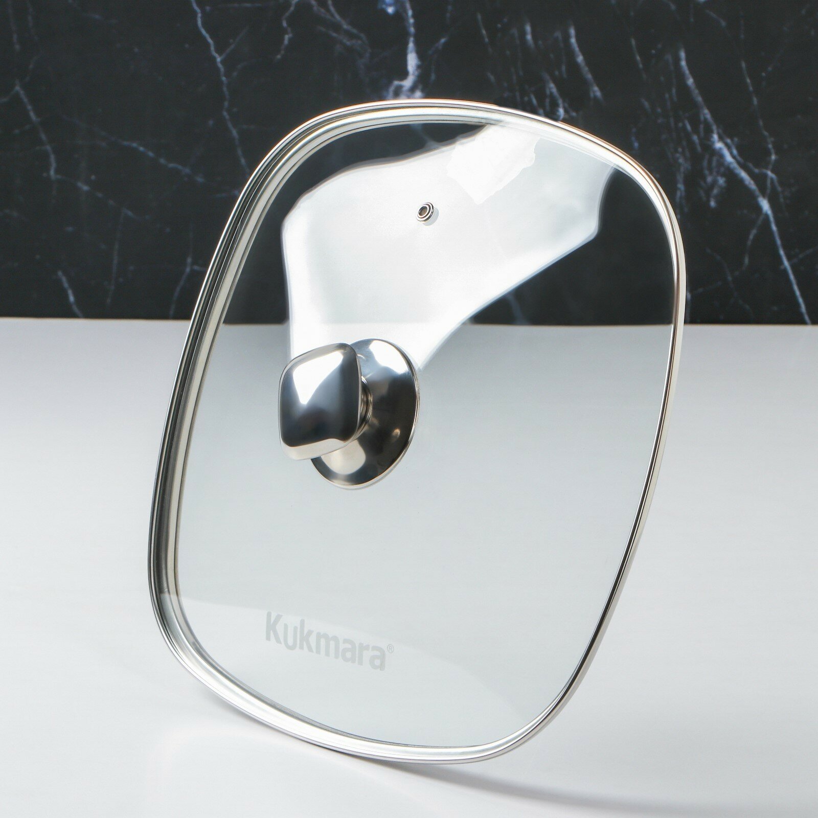 Крышка для сковороды и кастрюли KUKMARA, 28 см, квадратная, с ободом и ручкой из нержавеющей стали, стекло, прозрачная