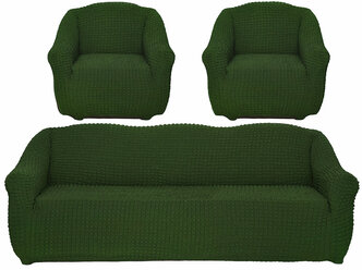 Набор чехлов на трехместный диван и два кресла без оборки, цвет Зеленый