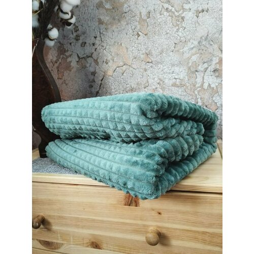 Плед пушистый флисовый в кубик двуспальный 200х210 см, зеленый