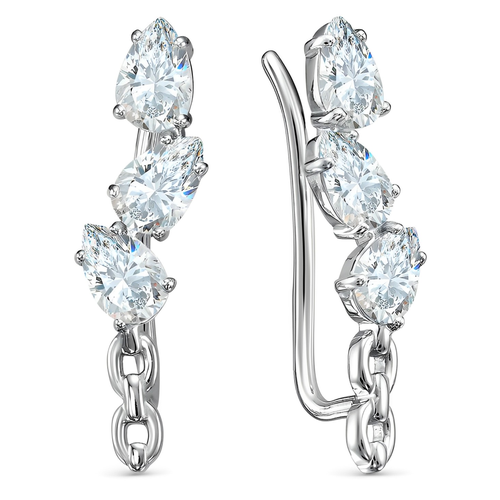 Серьги каффы, двусторонние серебро, 925 проба, родирование, фианит, длина 2.5 см, серебряный