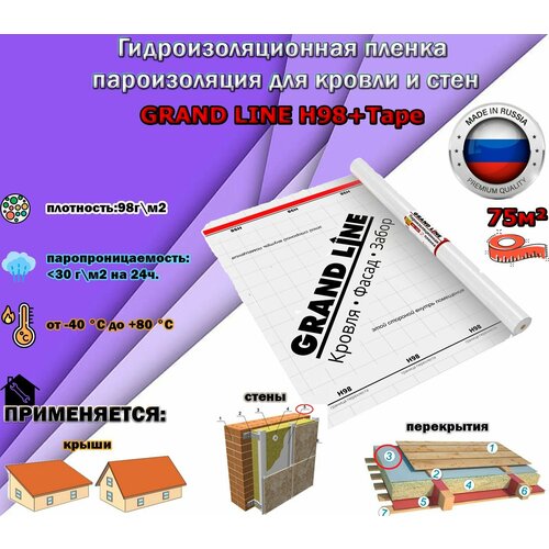 Пароизоляционная пленка Grand Line H98+Tape гидроизоляция для кровли и стен (1.5х50м/75 кв. м)