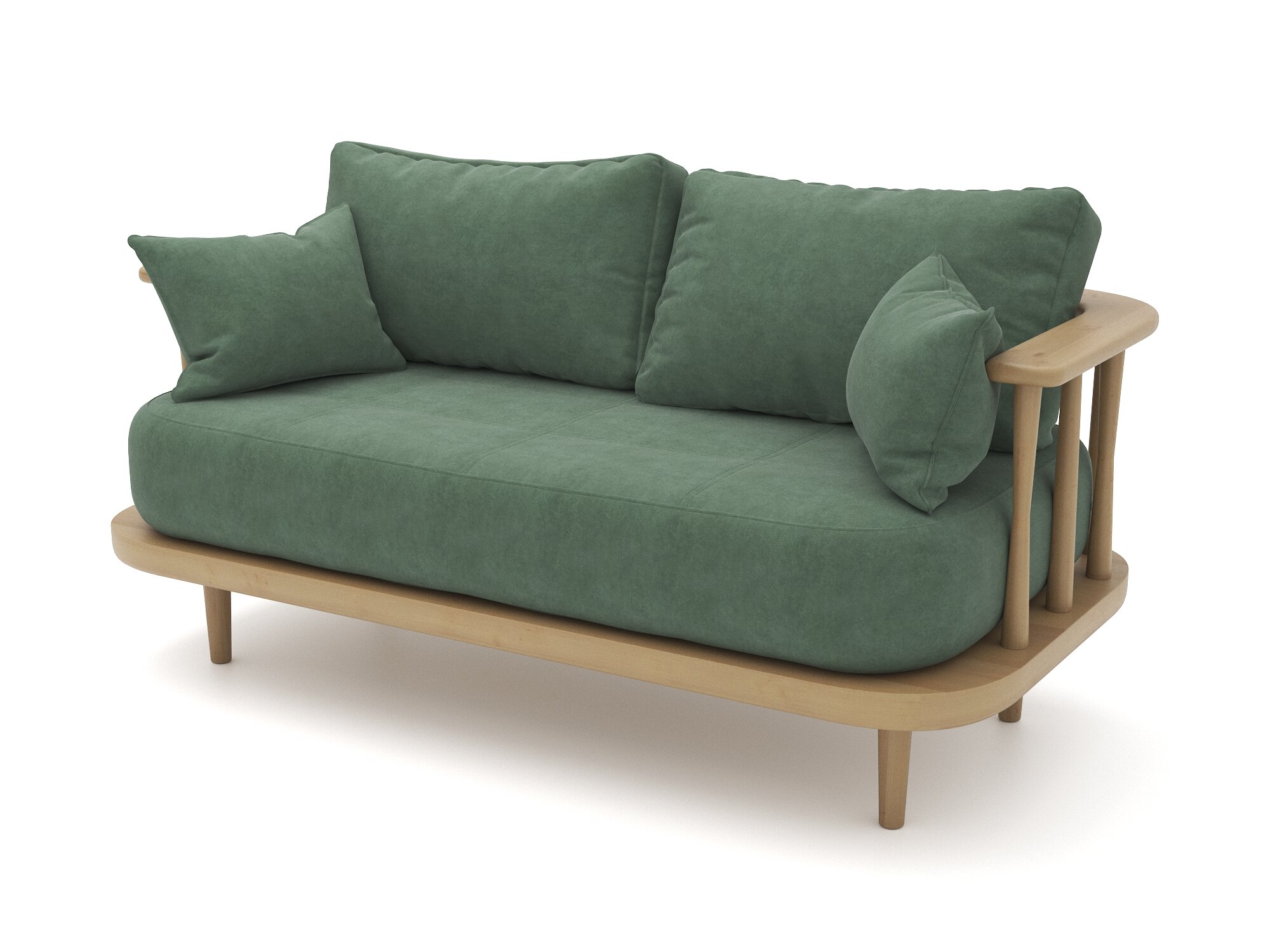 Деревянный дизайнерский диван Soft Element Ламе, двухместный, велюр, зеленый, стиль скандинавский лофт, офисный, дачный, в салон