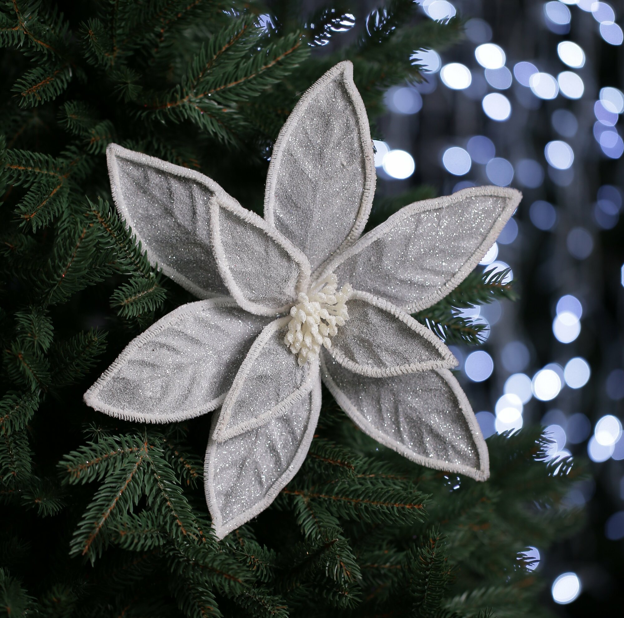 Цветок искусственный декоративный новогодний, диаметр 28 см, цвет серый