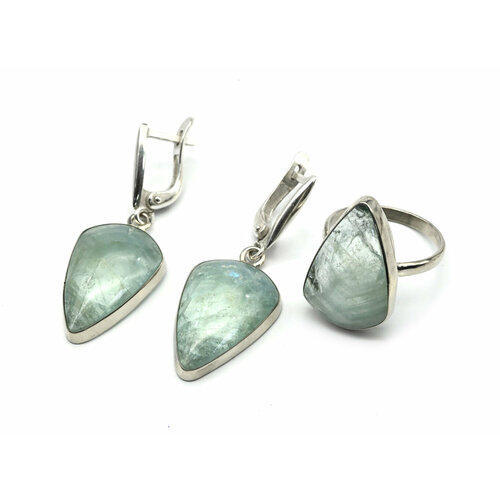 Комплект бижутерии Радуга Камня: кольцо, серьги, беломорит, лунный камень, размер кольца 18, мультиколор