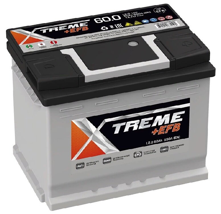 Аккумулятор автомобильный Xtreme EFB 60 А/ч 650 А обр. пол. Евро авто (242x175x190)