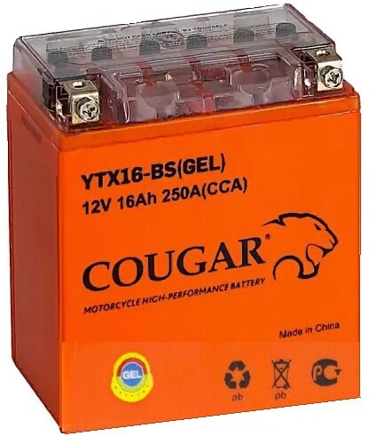 Аккумулятор для мотоцикла и скутера Cougar AGM VRLA 12V 16 А/ч 250 А прям. пол. залит/заряжен YTX16-BS, YB16B-A (150х87х161) GEL