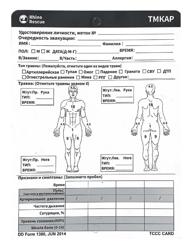 Rhino Rescue Карточка раненого-пострадавшего тактическая медицинская для аптечки первой помощи международный протокол TCCC Card BCKZ0071
