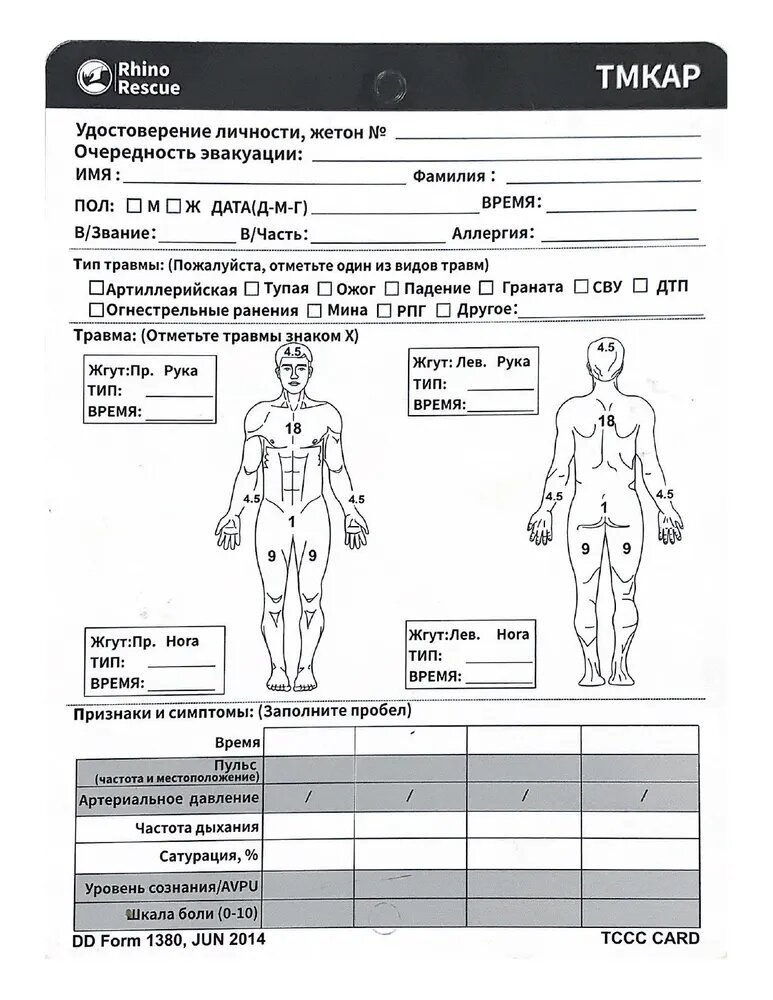 Комплект 10шт Rhino Rescue Карточка раненого-пострадавшего тактическая медицинская для аптечки первой помощи международный протокол TCCC Card BCKZ0071