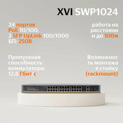 Неуправляемый коммутатор XVI SWP1024, 24-портовый, 24 PoE + 2 UpLink + 2 SFP порта, 250Вт