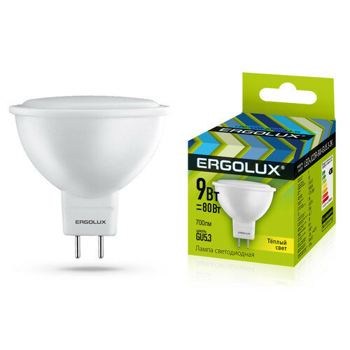 Светодиодная LED лампа Ergolux MR16 GU5.3 220V 9W(770lm 100°) 6500K 6K матовая 50x52 пластик/алюм. LED-JCDR-9W-GU5.3-6K