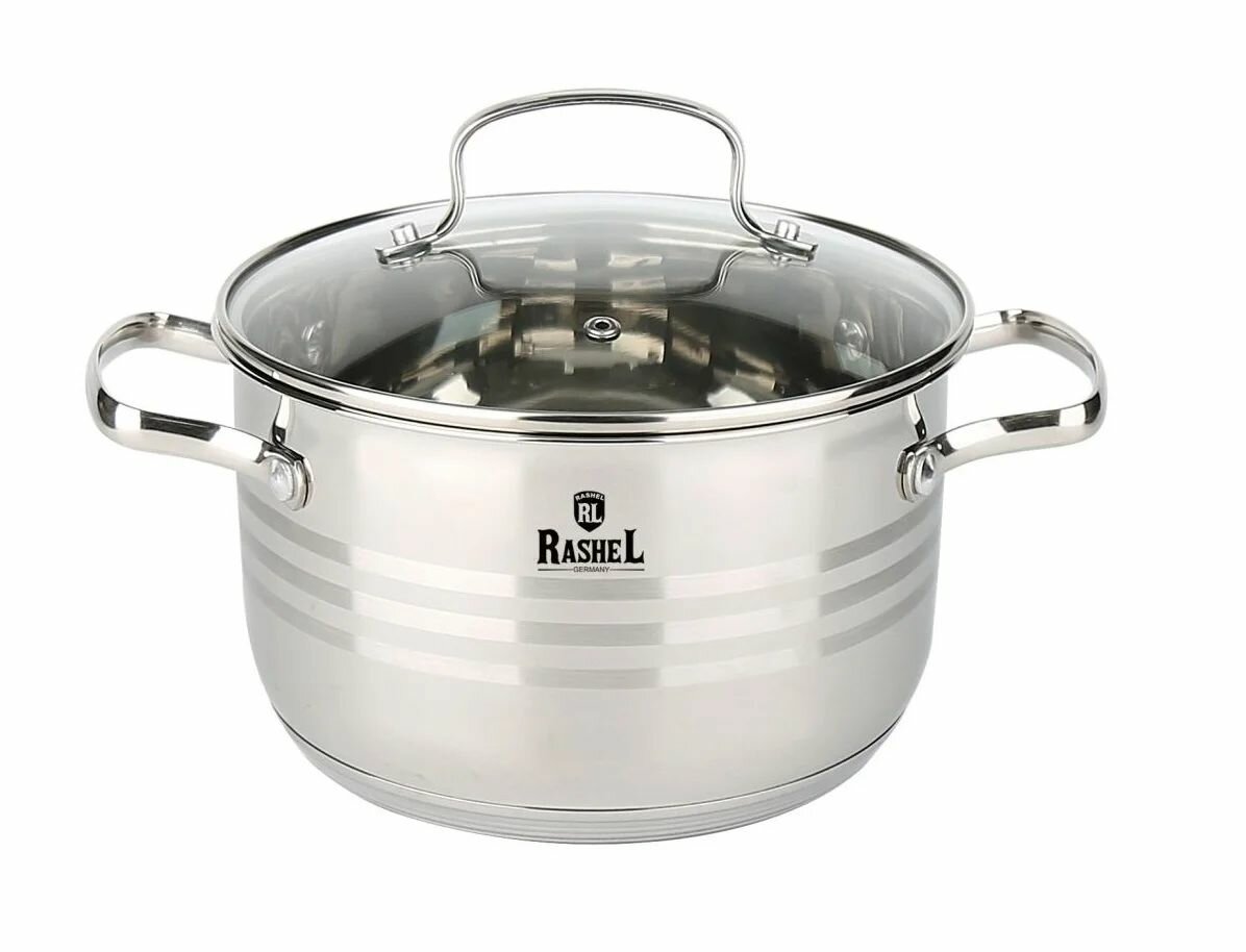Кастрюля RASHEL R-60т со стеклянной крышкой 6.0л, нержавеющая сталь, 24х13.5 см