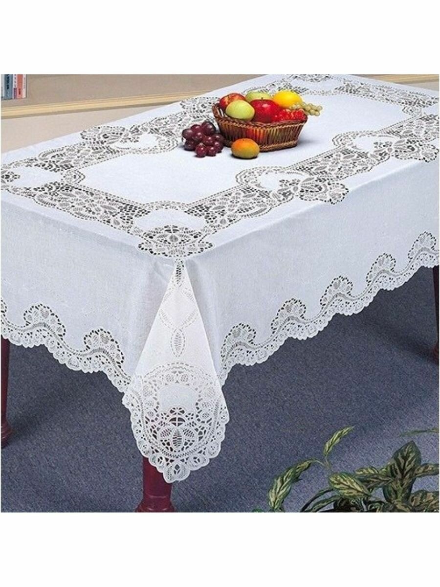 фото Скатерть ажурная виниловая Кружевной цветок, белая, прямоугольная, размер 137х180см, толщина 0,14мм