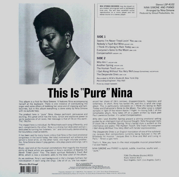 Виниловая пластинка Simone, Nina, Nina Simone And Piano (8713748980948) BCDP - фото №2