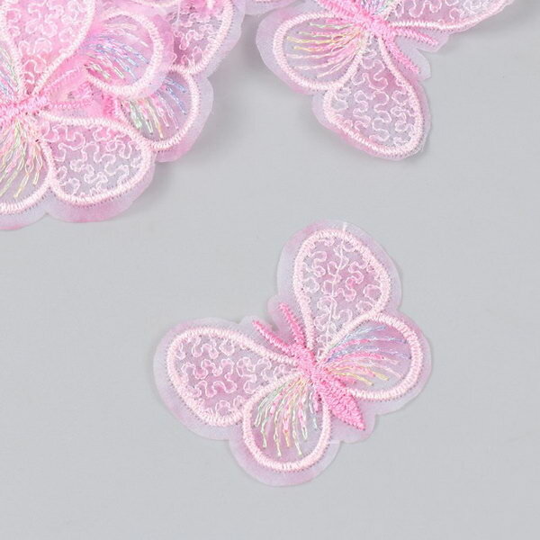 Декор для творчества текстиль вышивка "Бабочка розовая" 4.5х4 см, 6 шт.
