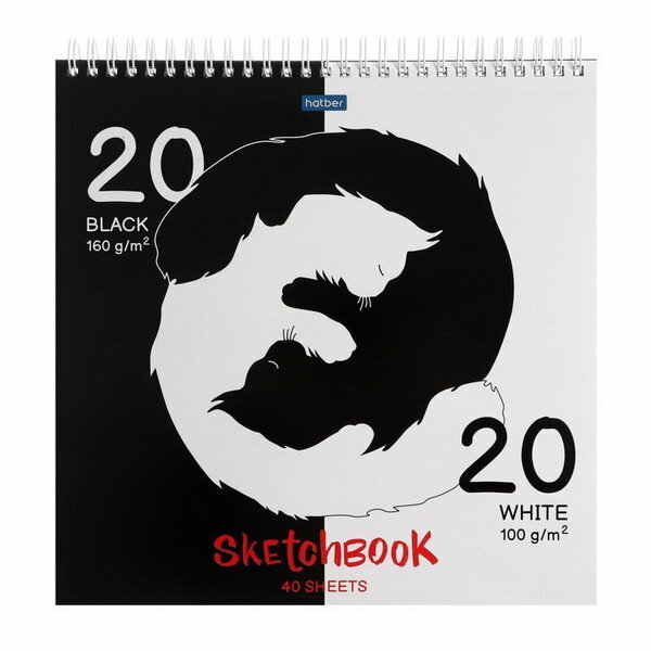Скетчбук 240 x 240 мм, 40 листов чёрная бумага, 20 листов белая бумага, на гребне Black and white, обложка мелованный картон, жёсткая подложка, блок 100/160 г/?2
