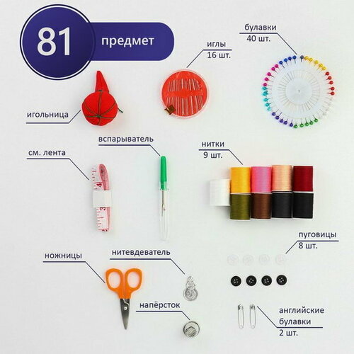 швейный набор 81 предмет в пластиковом контейнере 11 5 x 11 5 x 5 см Швейный набор, 81 предмет, в пластиковом контейнере, 11.5 x 11.5 x 5 см