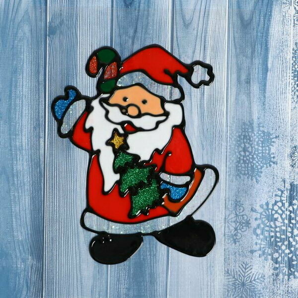 Наклейка на стекло "Дед Мороз с ёлкой" 10х14 см