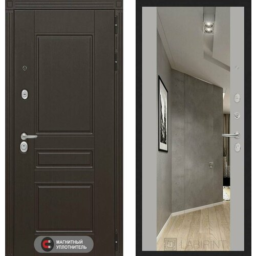 входная металлическая дверь лабиринт нью йорк с зеркалом максимум софт грей Входная дверь Labirint Мегаполис с зеркалом Максимум Грей Софт (Серый светлый) 880x2050, открывание правое