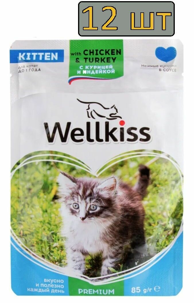 12 штук Wellkiss Kitten Влажный корм (пауч) для котят, с курицей и индейкой в соусе, 85 гр