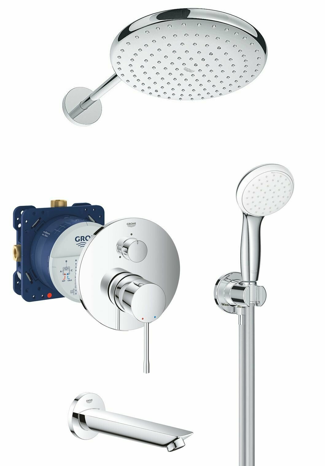 Душевая система с тропическим душем и изливом Grohe Essence BauCosmopolitan Professional 250 Германия